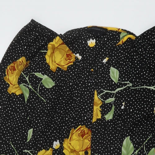 Wednesday's Girl Womens Black Floral Polyester A-Line Size XS V-Neck Button