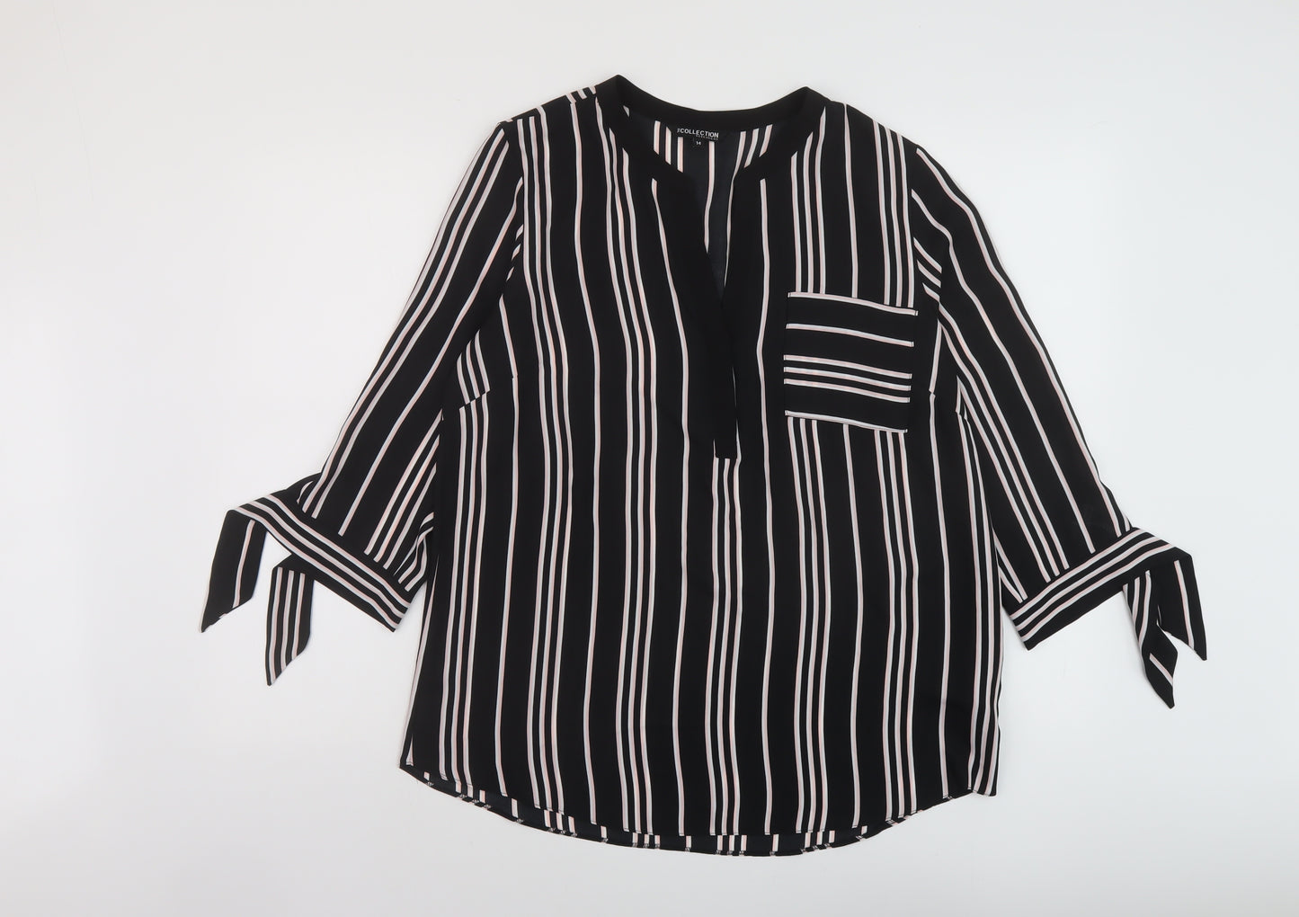 Debenhams Womens Black Striped Polyester Basic Blouse Size 14 V-Neck