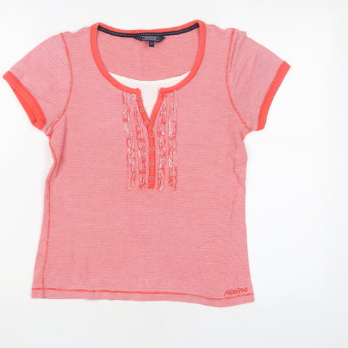 Maine Womens Red Striped Cotton Basic T-Shirt Size 12 Crew Neck - Embroidered, Buttons