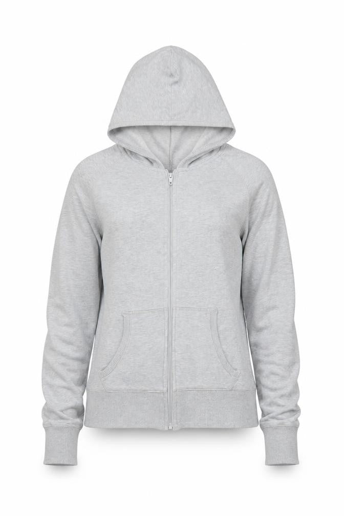 Front view of H&M women’s grey cotton full zip hoodie, size UK 12, zip