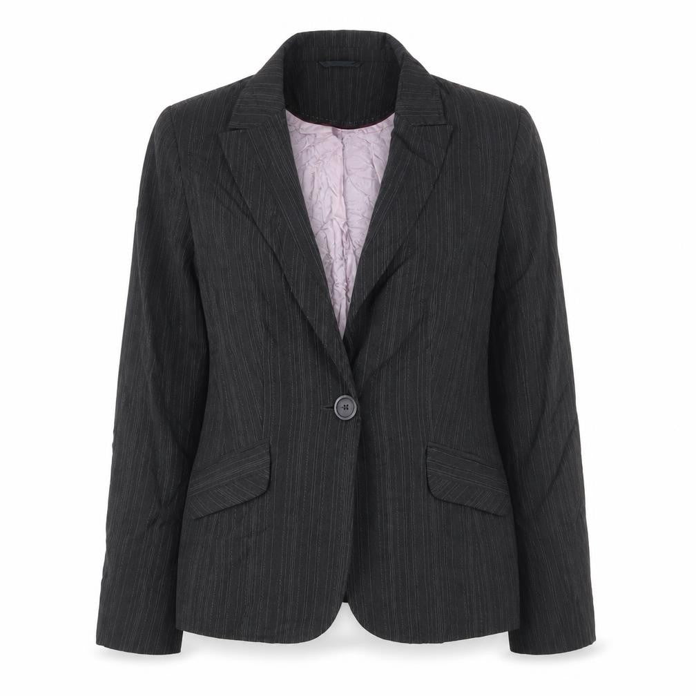Front view of Debenhams women’s grey striped jacket blazer, size UK 14, button