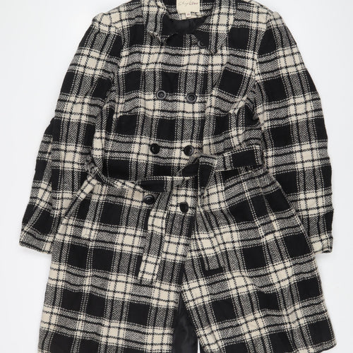 EWM Womens Black Plaid Overcoat Coat Size 16 Button - Belted