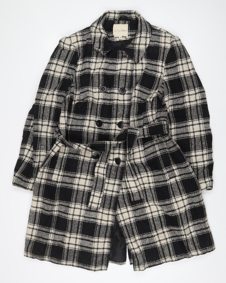 EWM Womens Black Plaid Overcoat Coat Size 16 Button - Belted