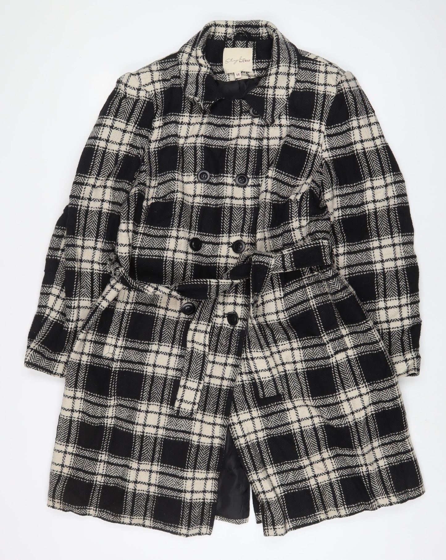 EWM Womens Black Plaid Overcoat Coat Size 16 Button - Belted