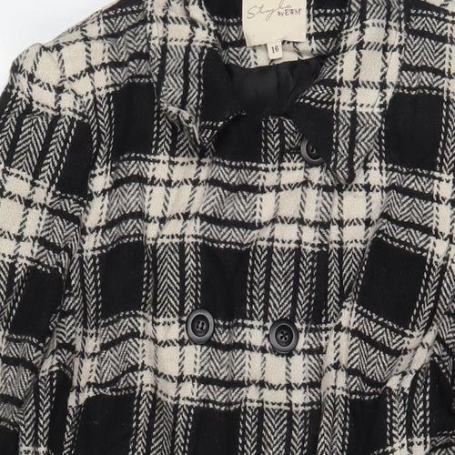 EWM Womens Black Plaid Overcoat Coat Size 16 Button - Belted