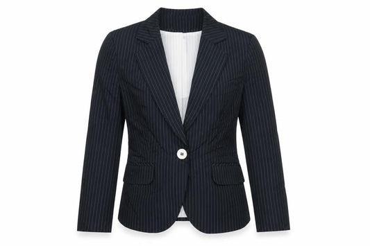 Front view of Marks & Spencer women’s blue striped jacket blazer, size UK 12, buckle