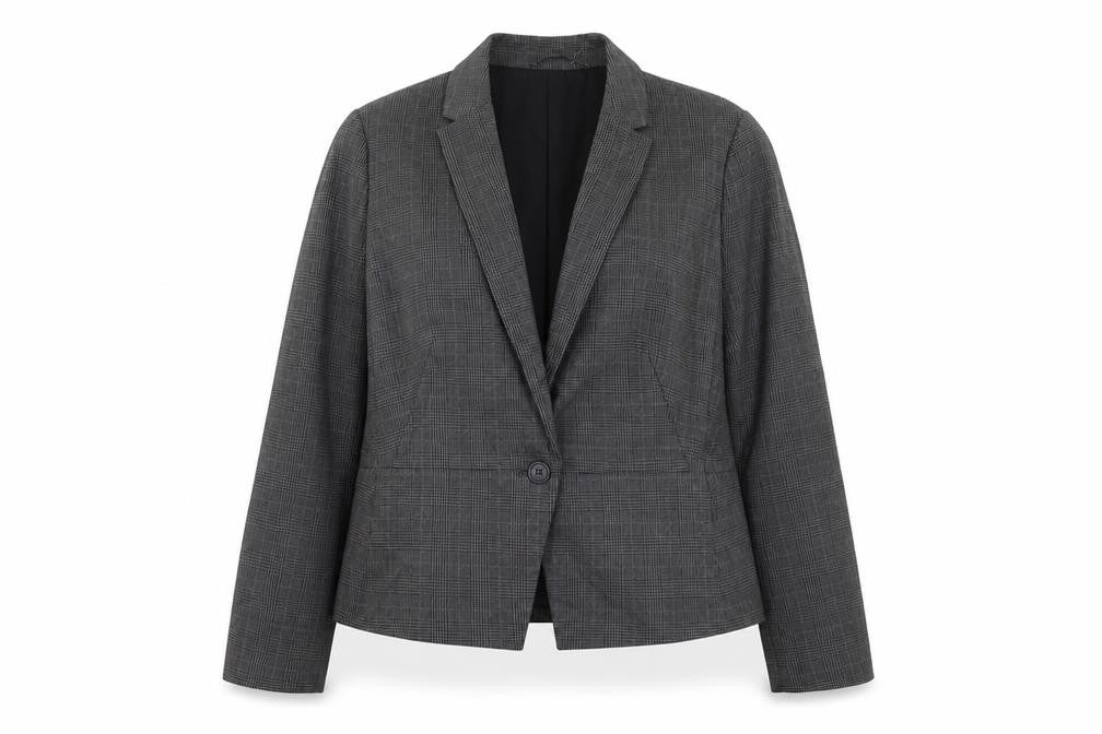 Front view of Marks & Spencer women’s grey plaid jacket blazer, size UK 14, button