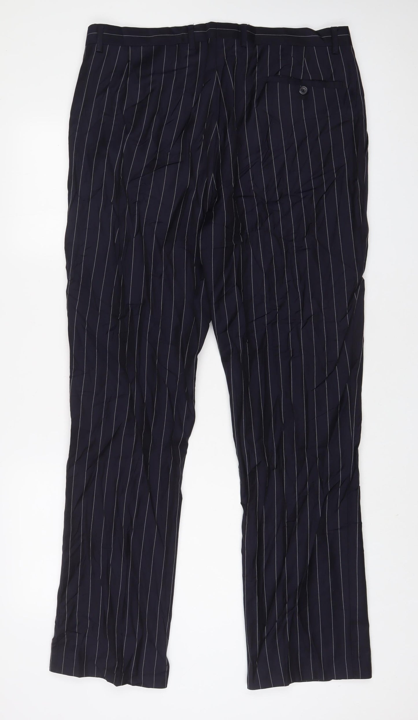 T.M.Lewin Mens Blue Striped Wool Trousers Size 42 in L32 in Regular Hook & Eye