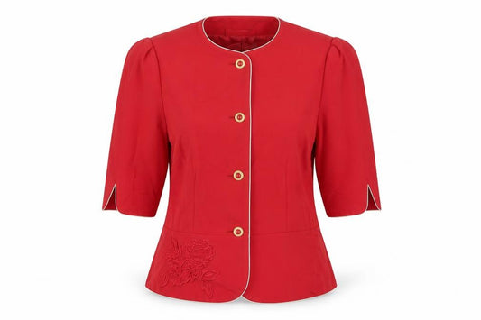 Front view of Hardob women’s red jacket blazer, size UK 14, button - embroidered