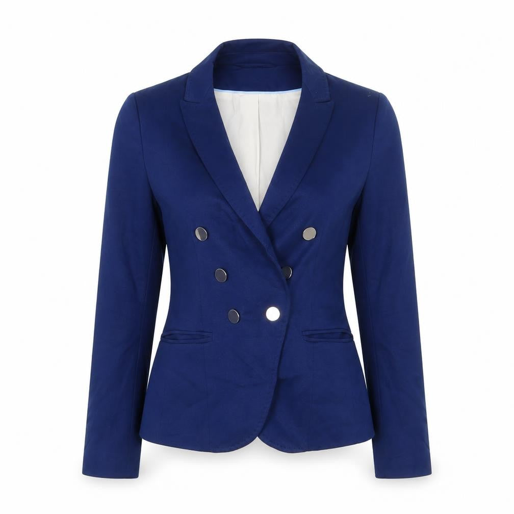 Front view of H&M women’s blue jacket blazer, size UK 10, button