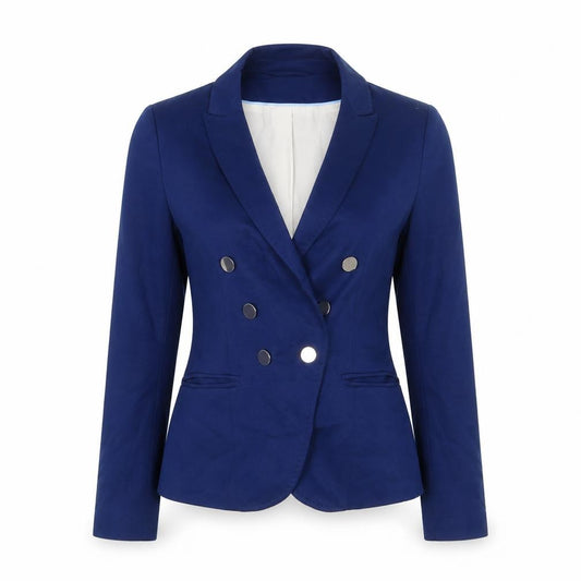 Front view of H&M women’s blue jacket blazer, size UK 10, button