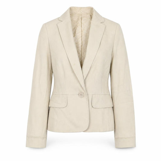 Front view of Mango women’s beige jacket blazer, size UK 10, button