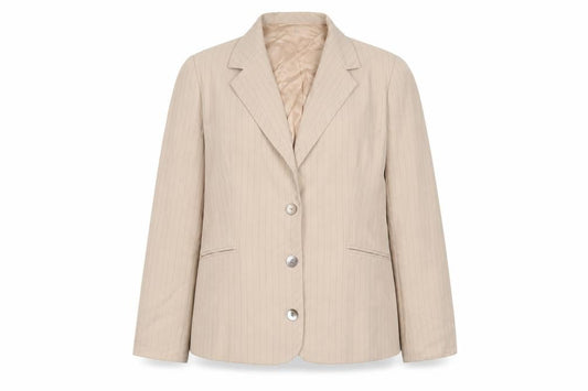 Front view of Frank Usher women’s beige striped jacket blazer, size UK 18, button