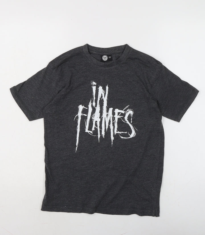 In Flames Boys Grey Houndstooth Cotton Basic T-Shirt Size 12-13 Years Crew Neck