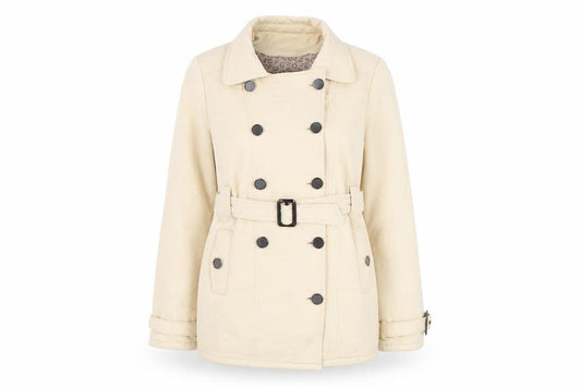 Front view of Fighter collection. women’s beige jacket, size M, button