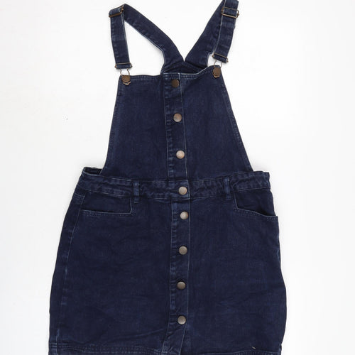 NEXT Womens Blue Cotton Pinafore/Dungaree Dress Size 12 Square Neck Snap - Adjustable Straps