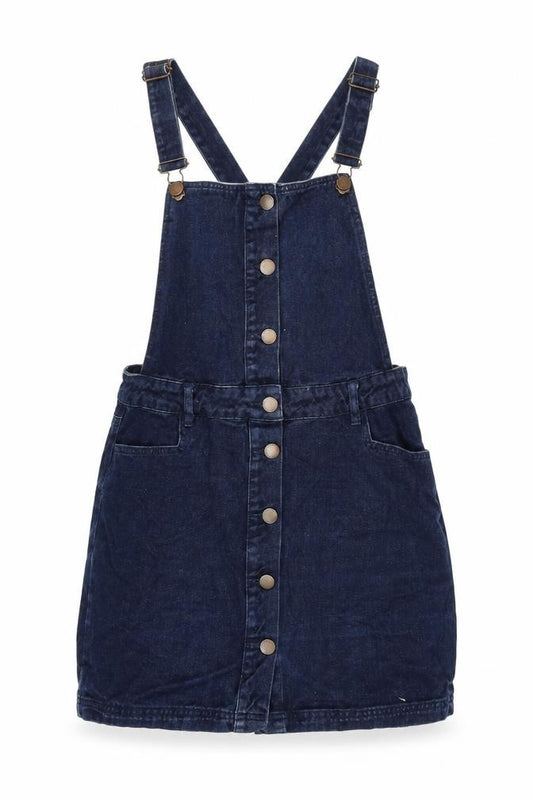 Front view of Next women’s blue cotton pinafore/dungaree dress, size UK 12, square neck snap - adjustable straps