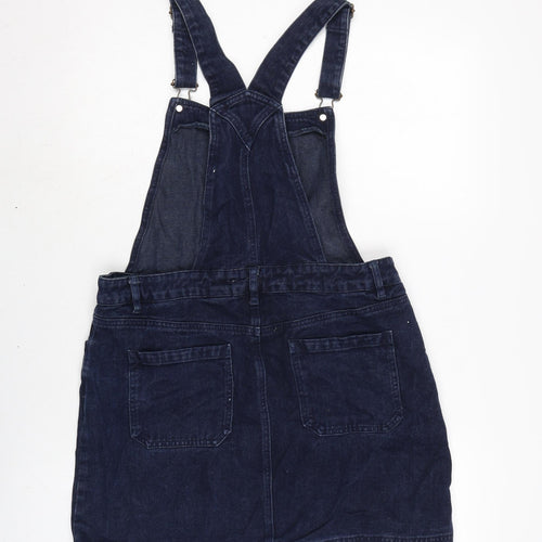 NEXT Womens Blue Cotton Pinafore/Dungaree Dress Size 12 Square Neck Snap - Adjustable Straps