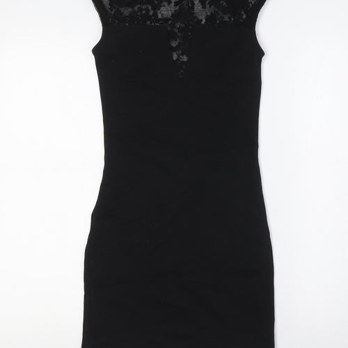 River Island Womens Black Cotton Pencil Dress Size 8 Round Neck - Lace Detail