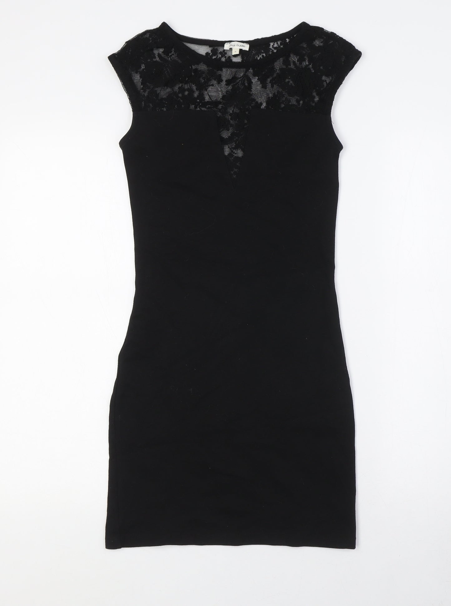 River Island Womens Black Cotton Pencil Dress Size 8 Round Neck - Lace Detail