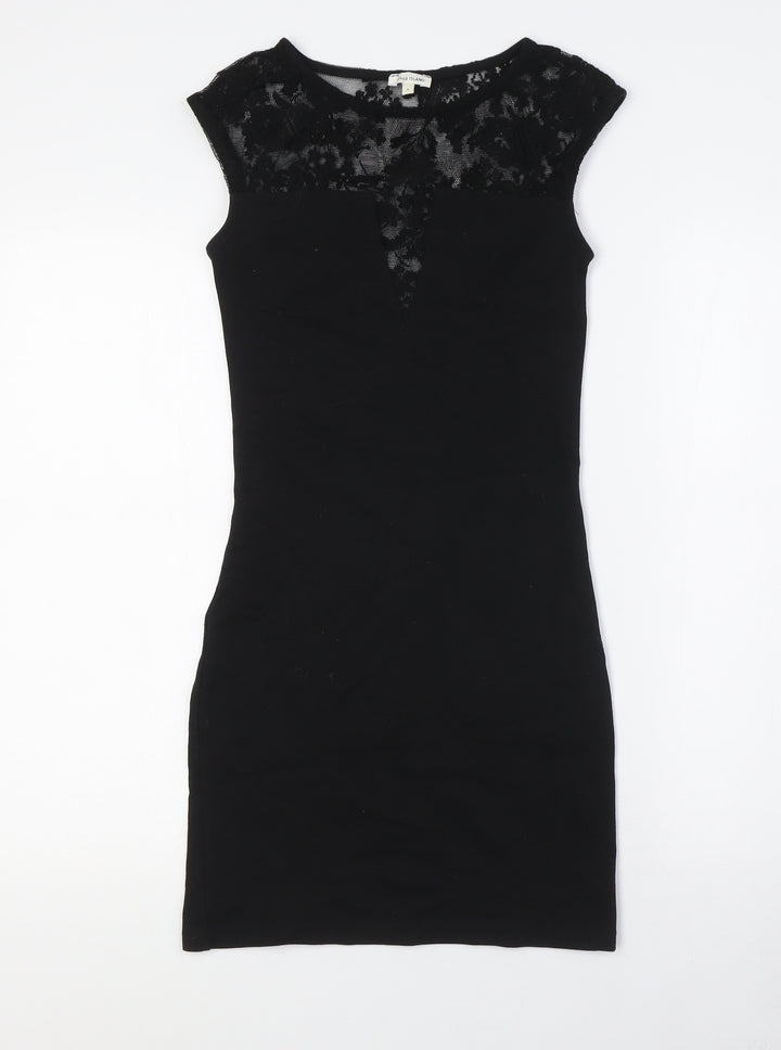 River Island Womens Black Cotton Pencil Dress Size 8 Round Neck - Lace Detail