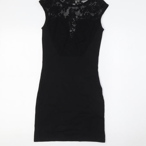 River Island Womens Black Cotton Pencil Dress Size 8 Round Neck - Lace Detail