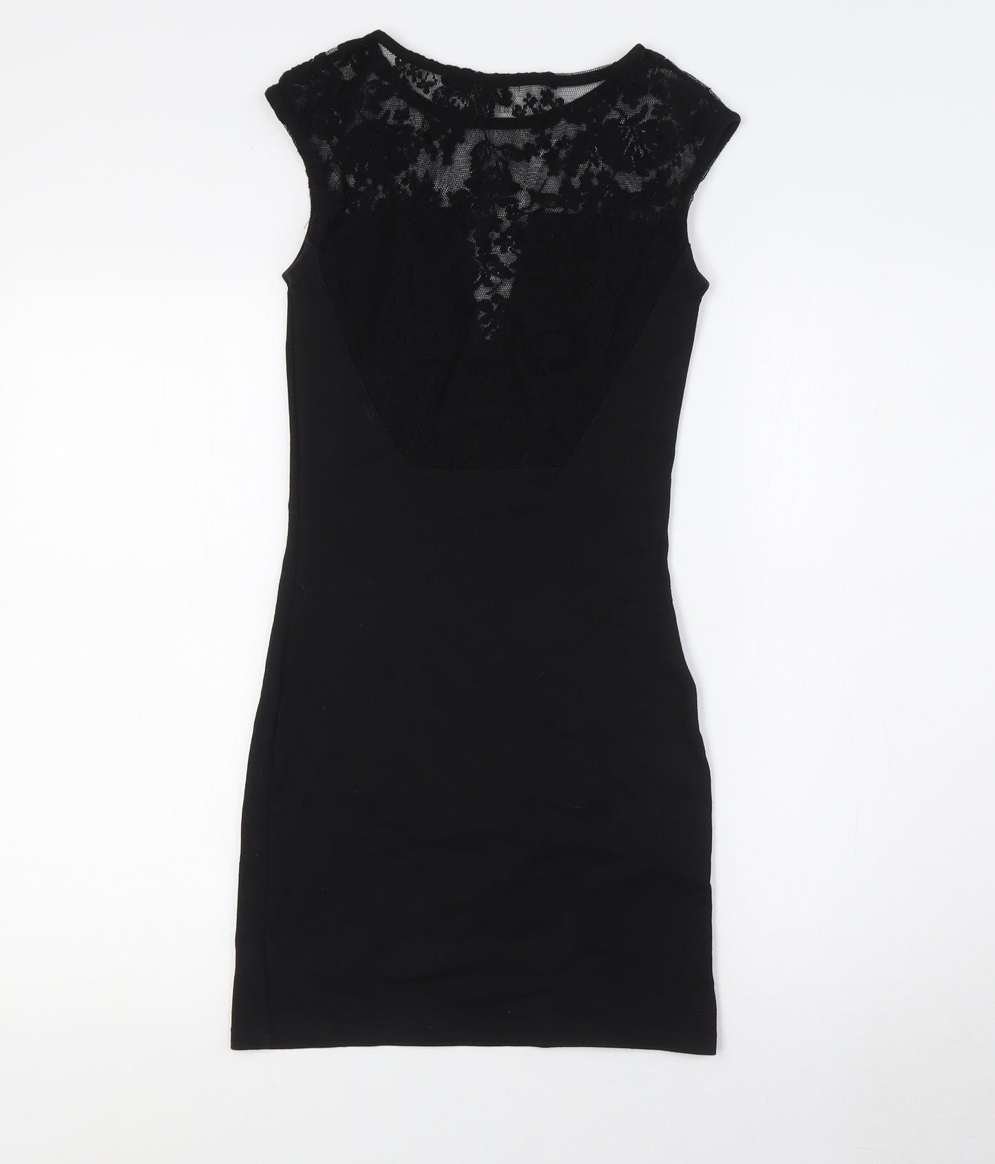 River Island Womens Black Cotton Pencil Dress Size 8 Round Neck - Lace Detail