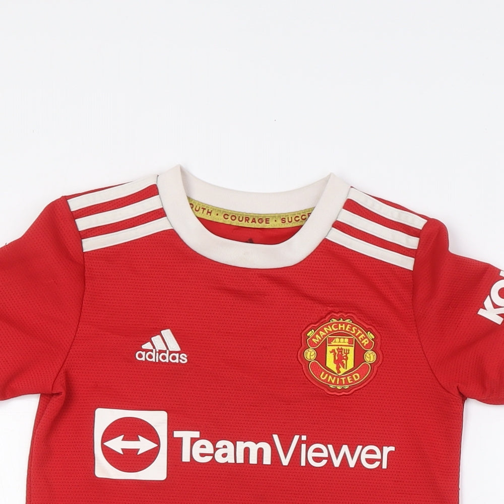 adidas Boys Red Polyester Basic T-Shirt Size 7-8 Years Crew Neck - Manchester United