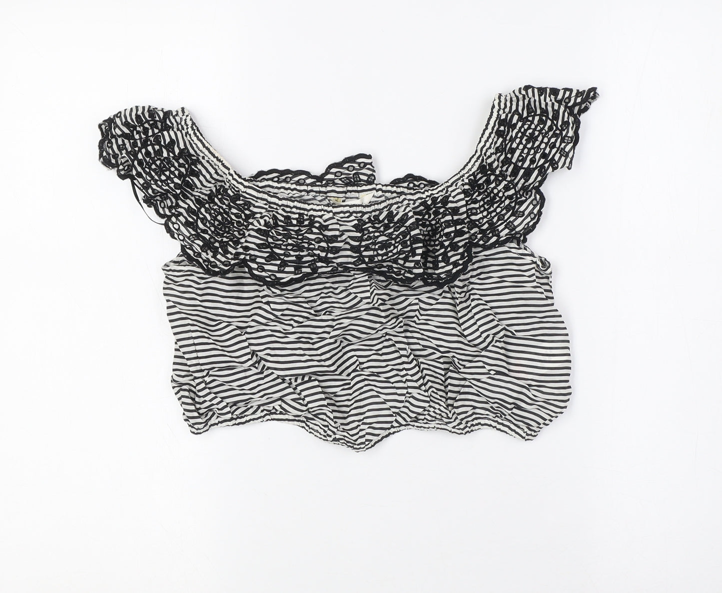 Miss Selfridge Womens Black Striped Polyester Cropped Blouse Size 12 Off the Shoulder - Embellished Collar