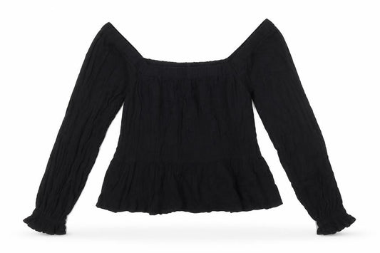 Front view of ASOS women’s black viscose basic blouse, size UK 8, square neck - peplum