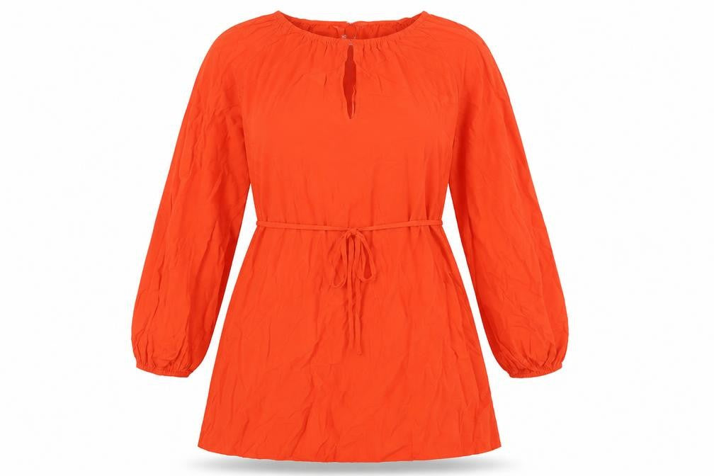 Front view of H&M women’s orange cotton a-line, size S, round neck - belted