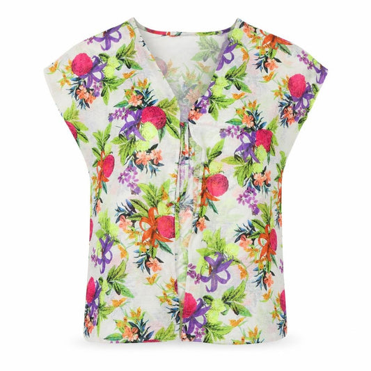 Front view of Ocean Club women’s multicoloured floral polyester basic button-up, size UK 6, v-neck - beach wear