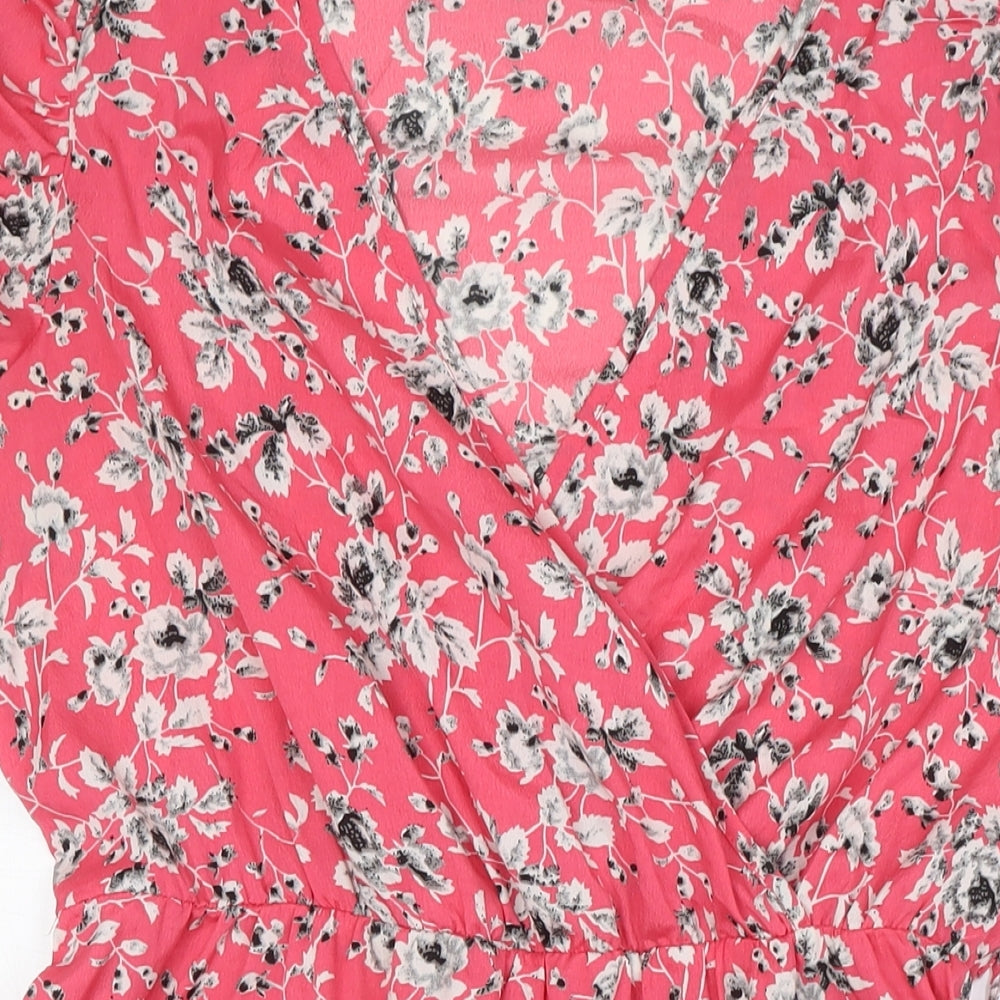 New Look Womens Pink Floral Polyester A-Line Size 16 V-Neck