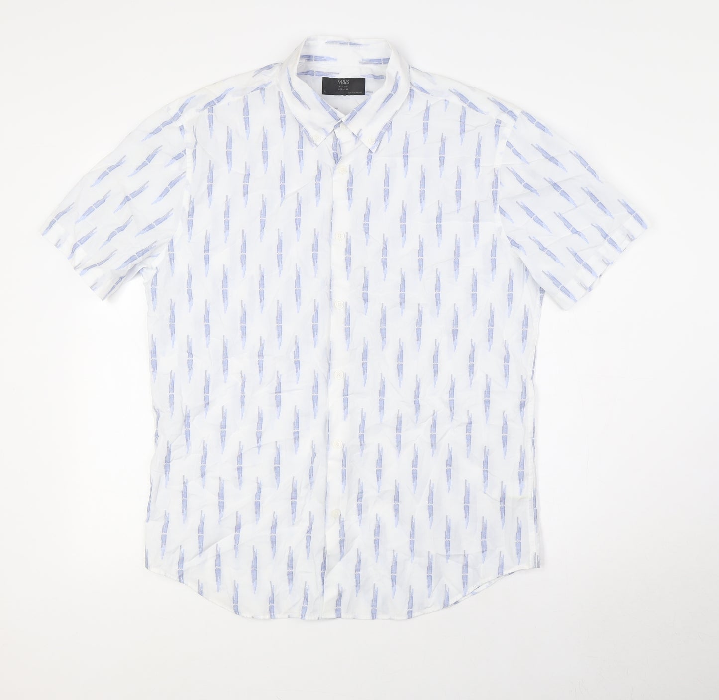 Marks and Spencer Mens White Cotton Button-Up Size L Collared Button