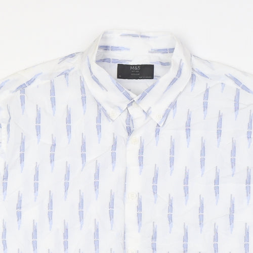 Marks and Spencer Mens White Cotton Button-Up Size L Collared Button