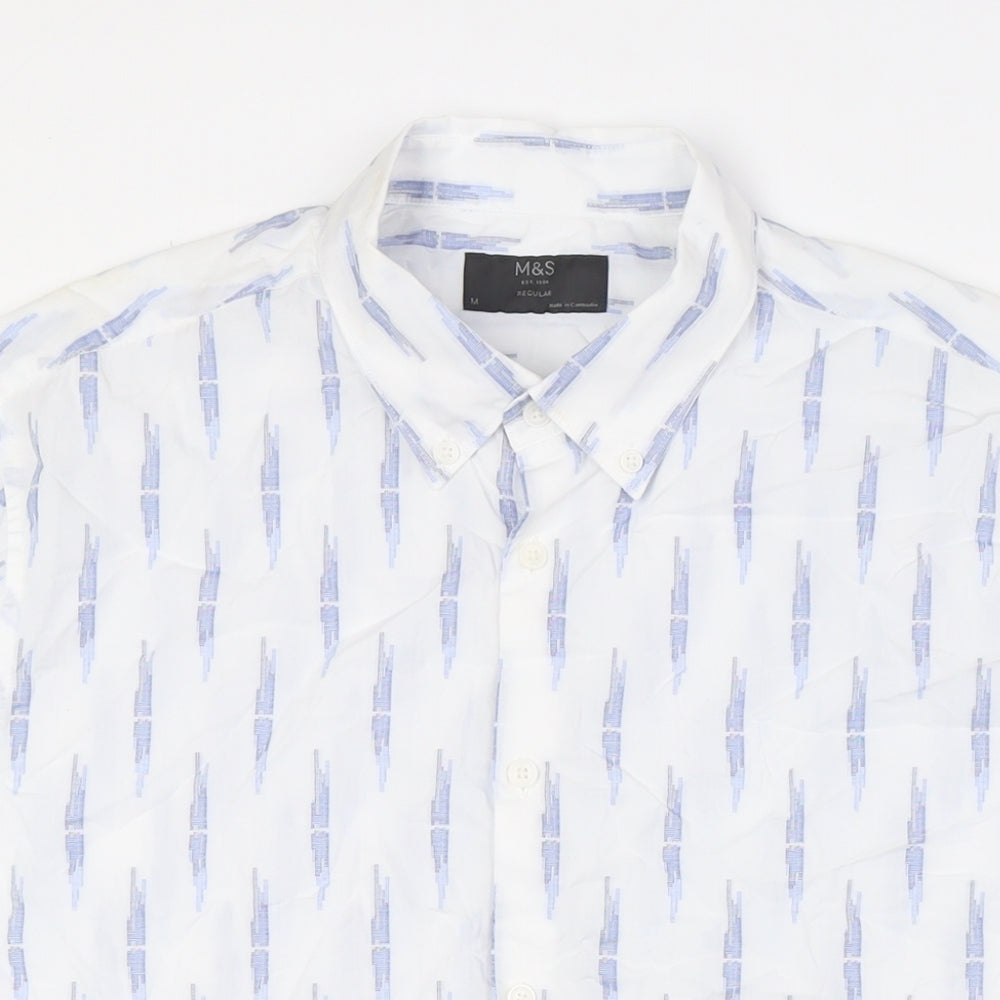 Marks and Spencer Mens White Cotton Button-Up Size L Collared Button