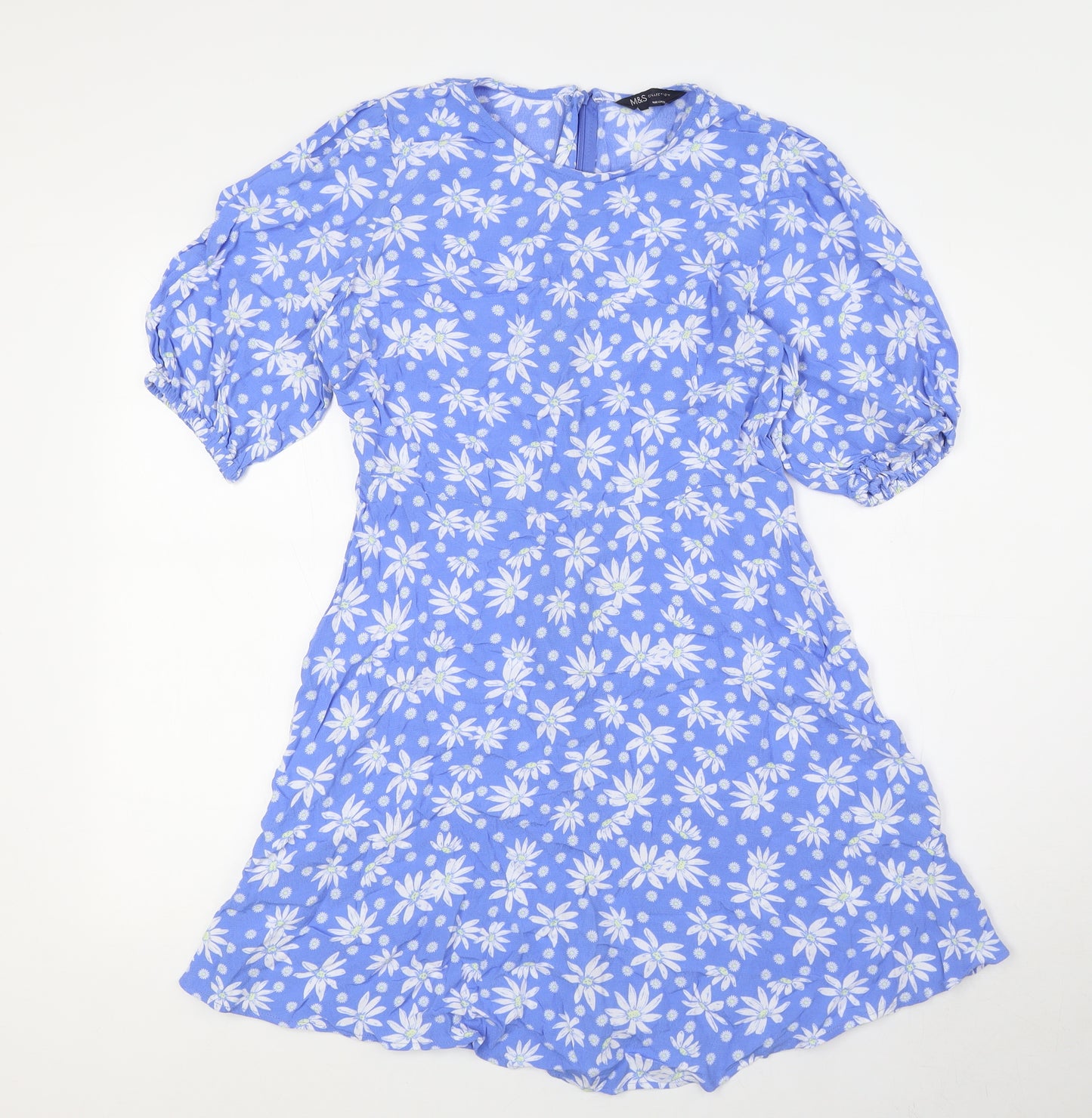 Marks and Spencer Womens Blue Floral Viscose A-Line Size 12 Round Neck Zip