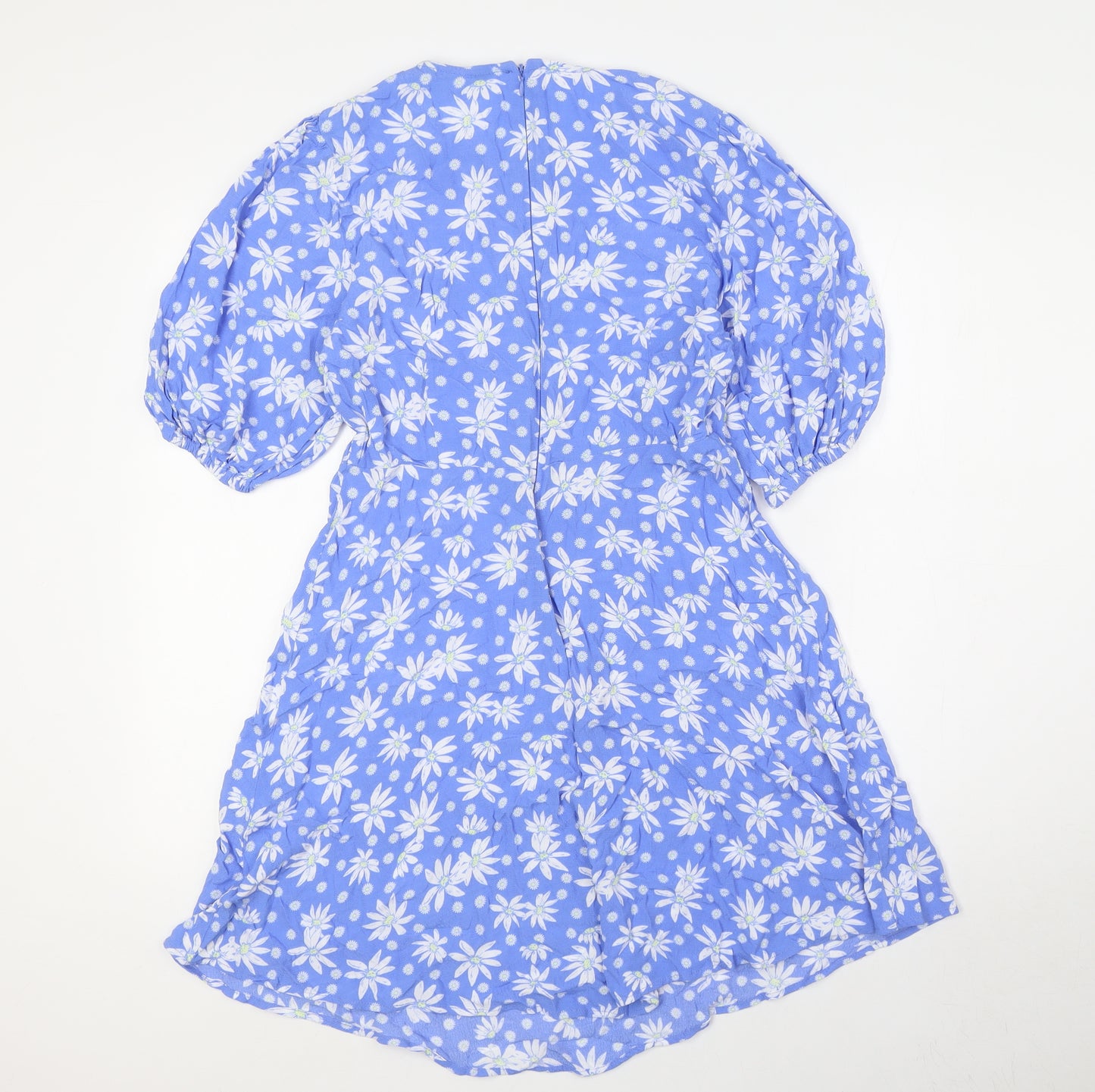 Marks and Spencer Womens Blue Floral Viscose A-Line Size 12 Round Neck Zip