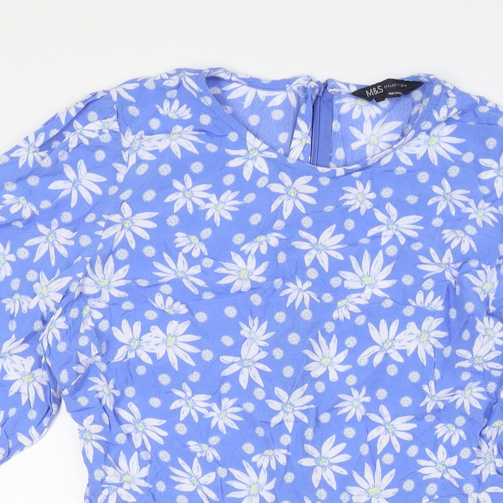 Marks and Spencer Womens Blue Floral Viscose A-Line Size 12 Round Neck Zip