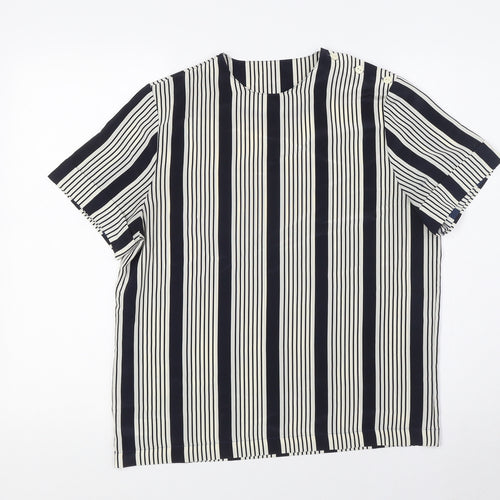 St Michael Womens Blue Striped Polyester Basic T-Shirt Size 10 Crew Neck