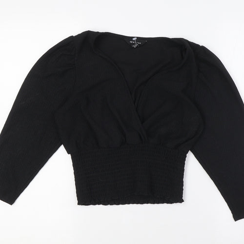 New Look Womens Black Polyester Cropped Blouse Size 10 V-Neck - Smocked Waist Band