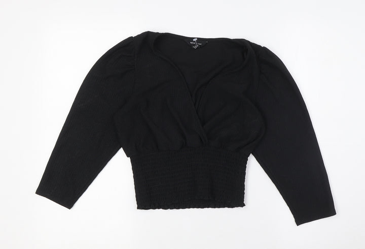 New Look Womens Black Polyester Cropped Blouse Size 10 V-Neck - Smocked Waist Band