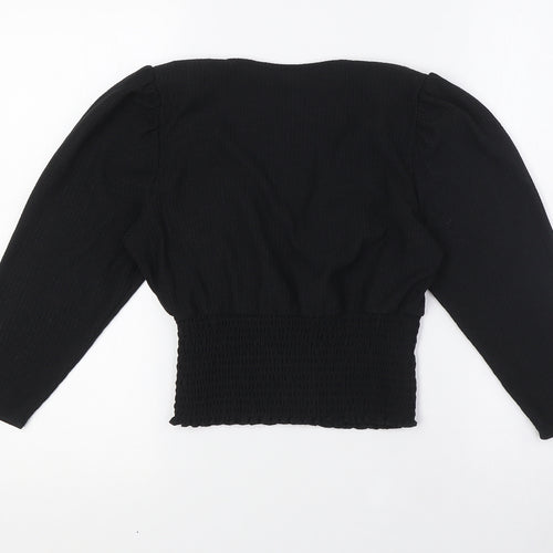 New Look Womens Black Polyester Cropped Blouse Size 10 V-Neck - Smocked Waist Band