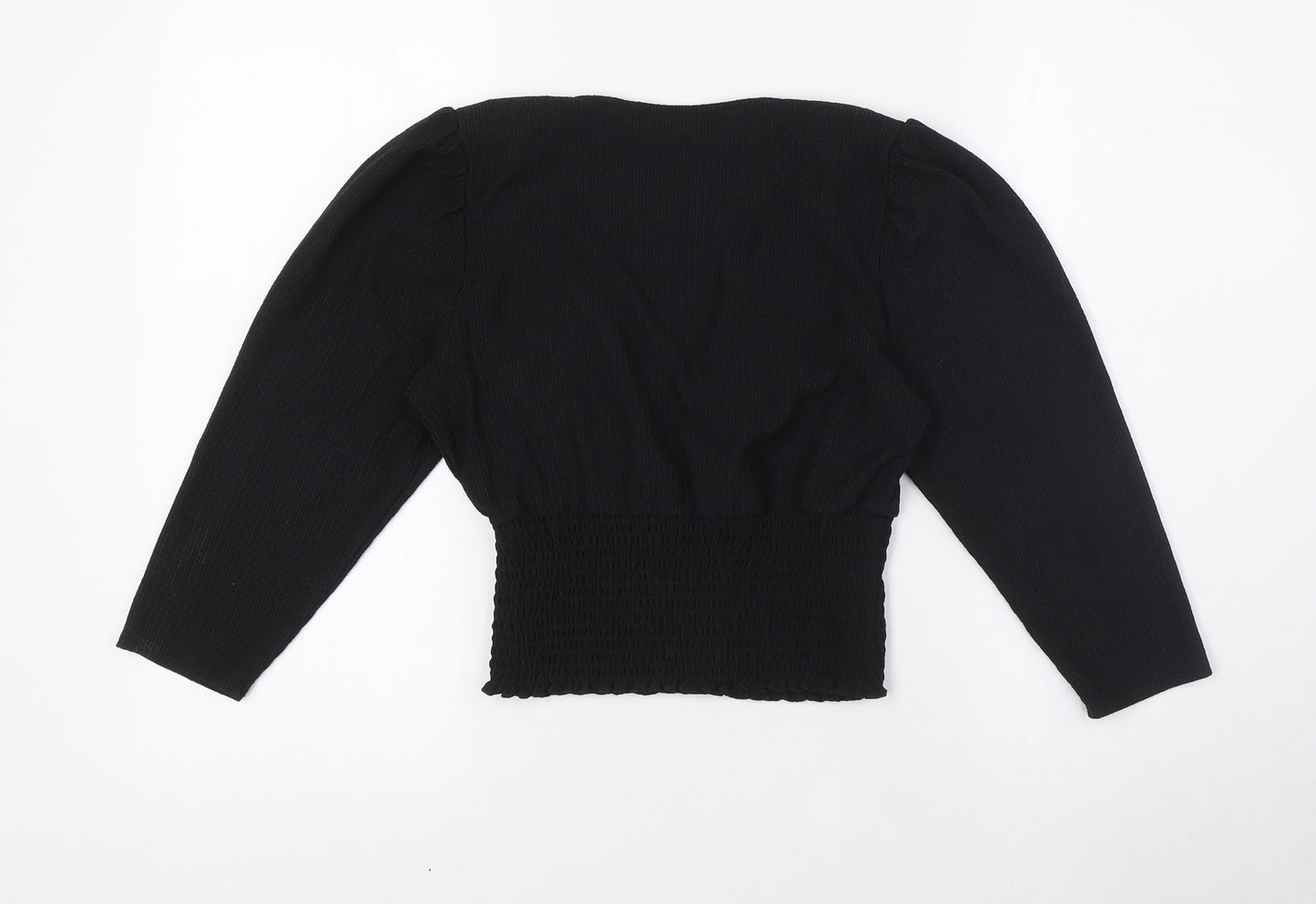 New Look Womens Black Polyester Cropped Blouse Size 10 V-Neck - Smocked Waist Band