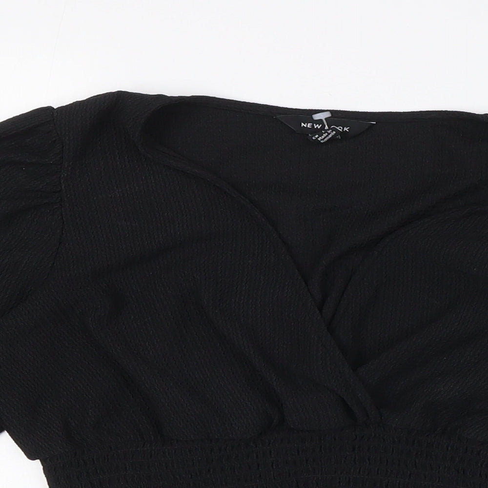 New Look Womens Black Polyester Cropped Blouse Size 10 V-Neck - Smocked Waist Band