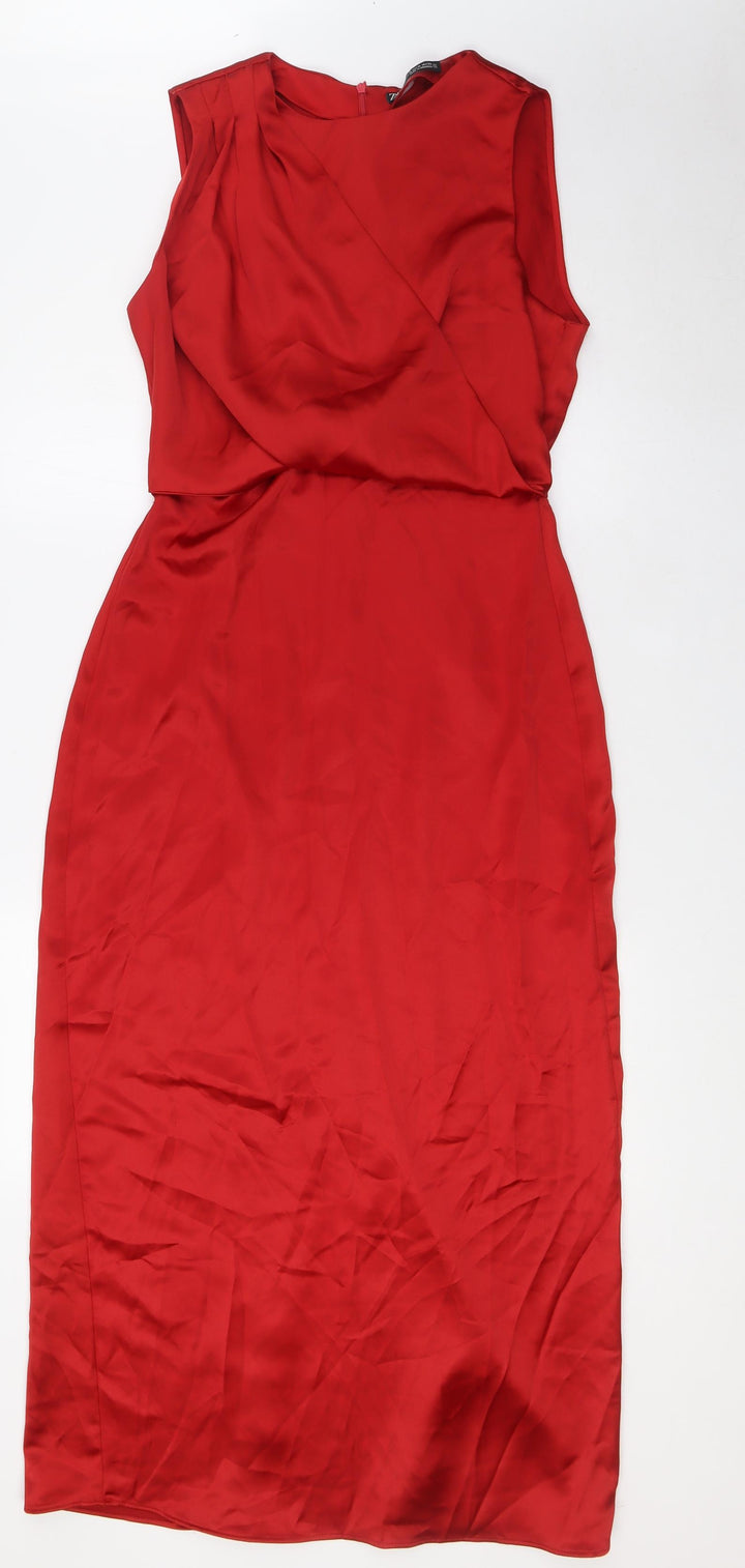 Zara Womens Red Polyester A-Line Size M Round Neck Zip - Wrap Effect