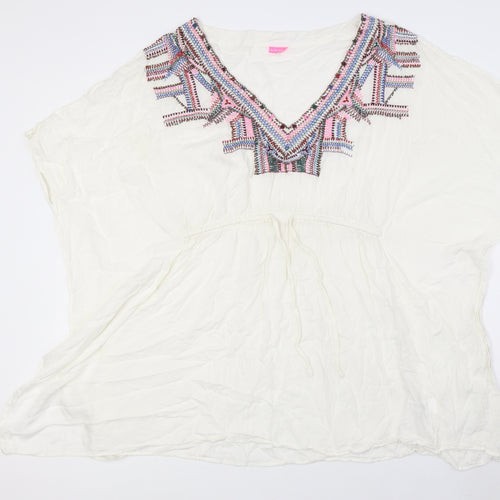 River Island Womens White Herringbone Viscose Basic Blouse Size M V-Neck - Embellished Neck