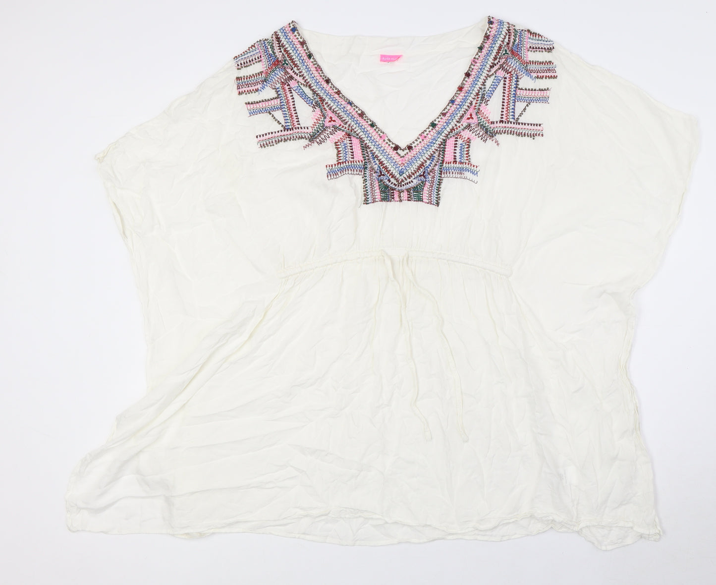 River Island Womens White Herringbone Viscose Basic Blouse Size M V-Neck - Embellished Neck