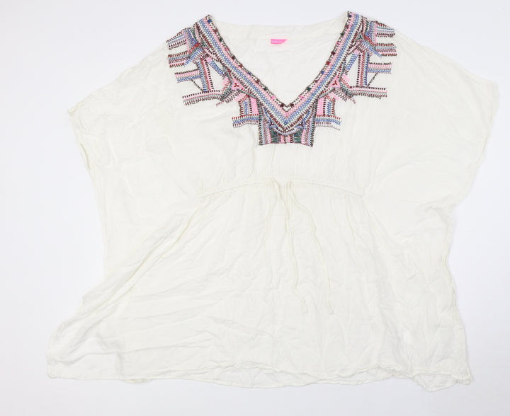 River Island Womens White Herringbone Viscose Basic Blouse Size M V-Neck - Embellished Neck