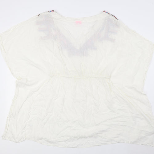 River Island Womens White Herringbone Viscose Basic Blouse Size M V-Neck - Embellished Neck